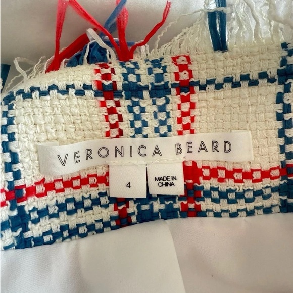 Veronica Beard Marlton White Blue Red Plaid Tweed Fringe Blazer Jacket Size 4 - Picture 10 of 16